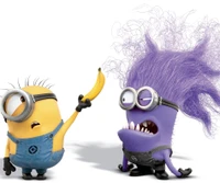 Minion maléfique avec des cheveux sauvages et un compagnon agitant une banane