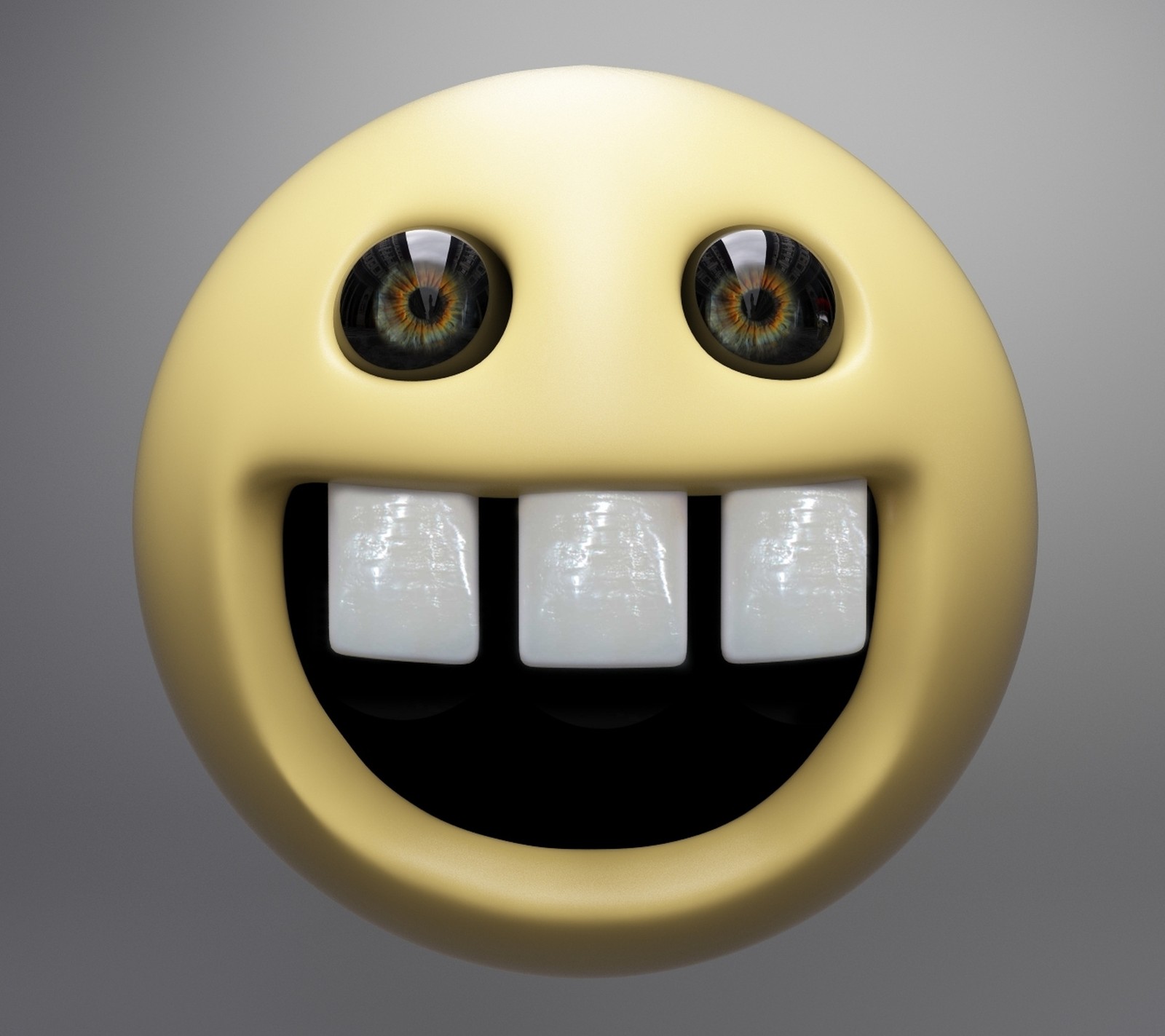 A close up of a yellow smiley face with two teeth (awesome, face)