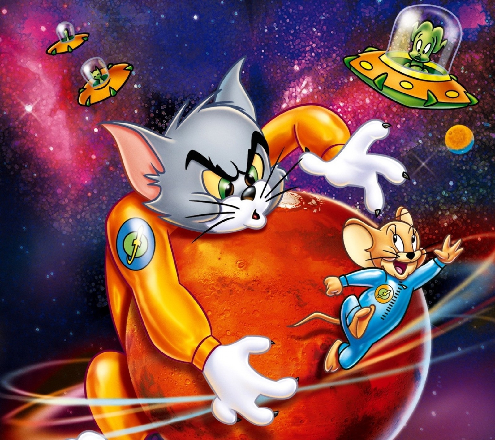 Cartoon cat and mouse flying over a planet with space and planets (cartoons, tom and jerry)