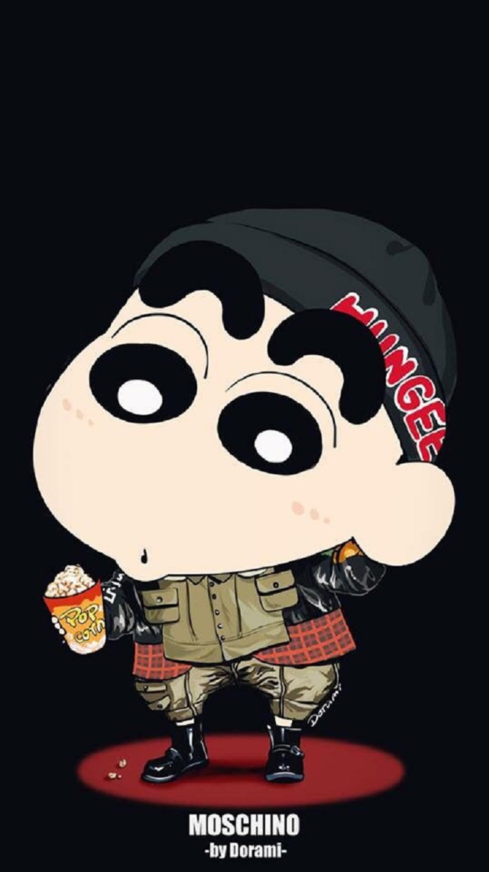 Personagem de desenho animado com um chapéu e um cupcake na mão (anime, shinchan)