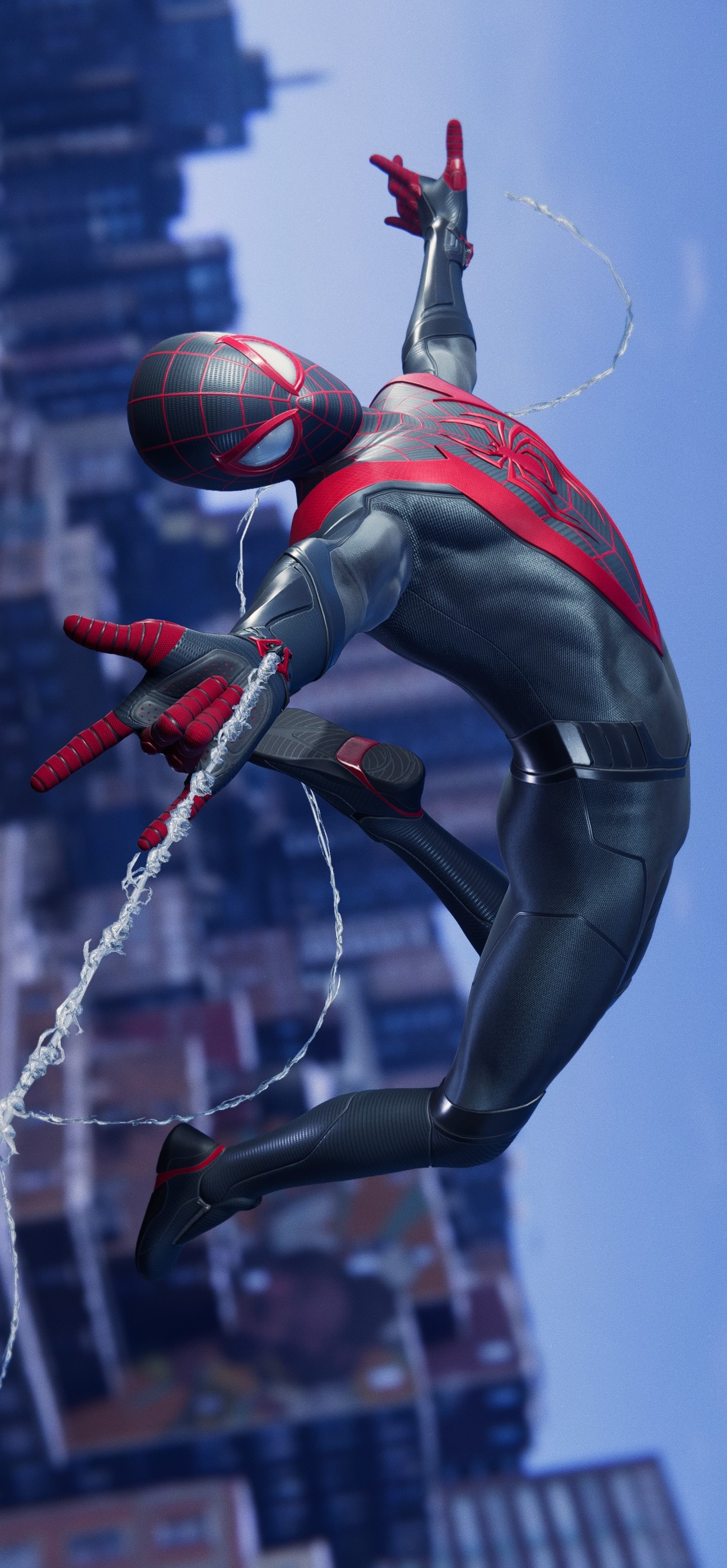 Spider-man in einem schwarzen anzug fliegt durch die luft (schwarzer spiderman, clin gaming, meilen, miles morales, miles spider man)