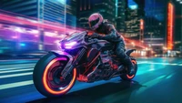 Passeio futurista de motocicleta por uma cidade cyberpunk iluminada por néon