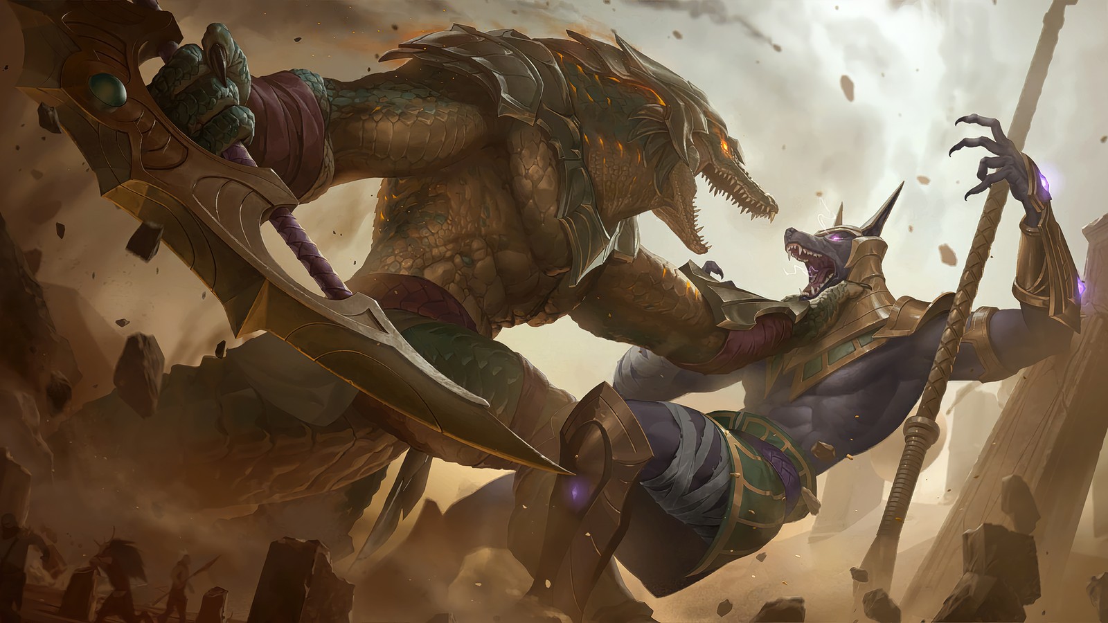 Eine nahaufnahme einer person, die ein schwert auf einem feld hält (renekton, nasus, lol, league of legends, legends of runeterra)