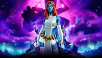 Mystique de Fortnite Chapitre 2 Saison 4 sur un fond cosmique vibrant.