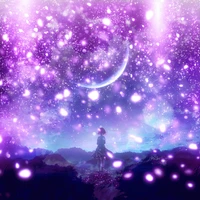 Fille d'anime onirique sous un ciel violet surréaliste avec un croissant de lune