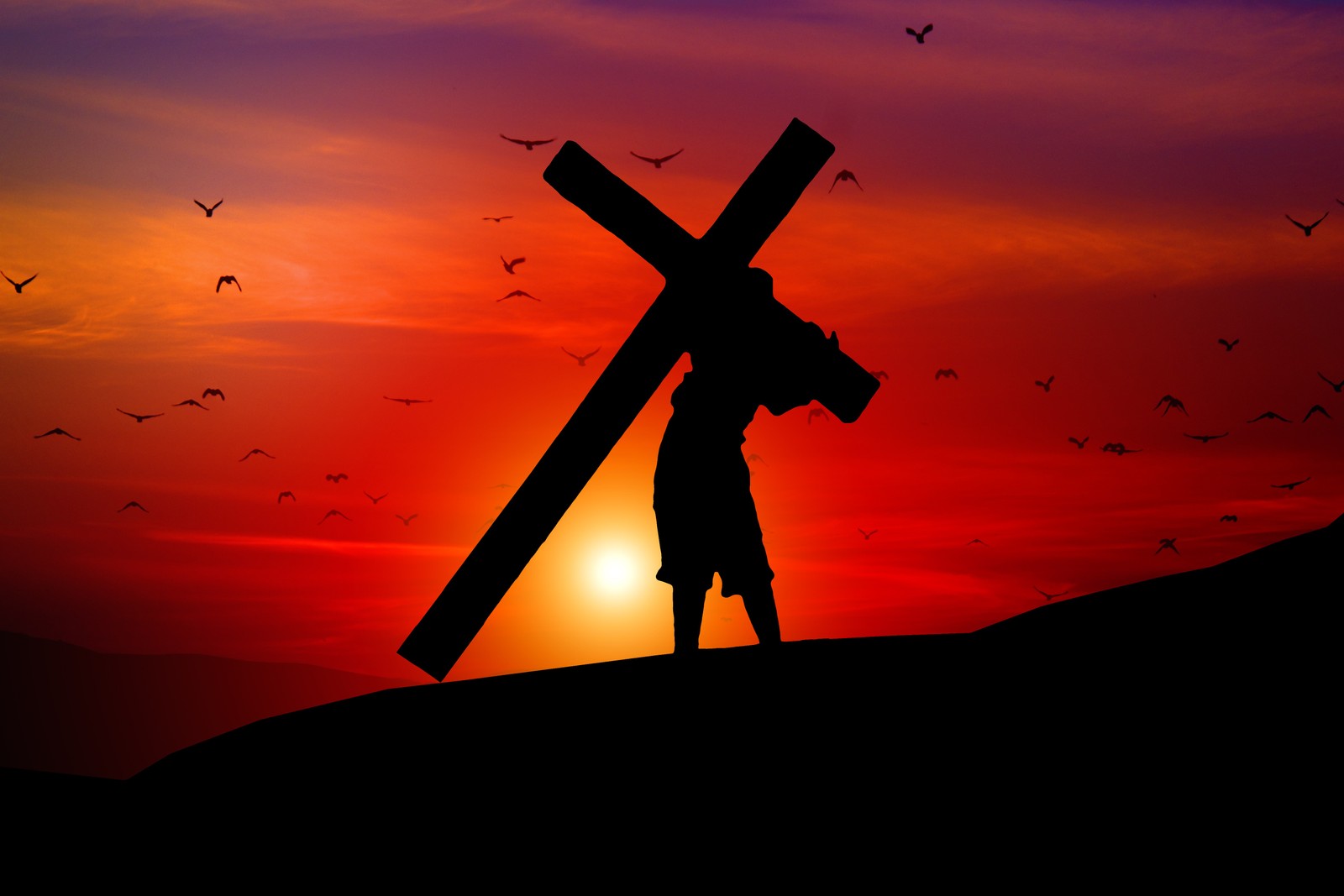 Arafed image of a man carrying a cross on a hill (jesus cross, sunset, orange sky, silhouette, religion)