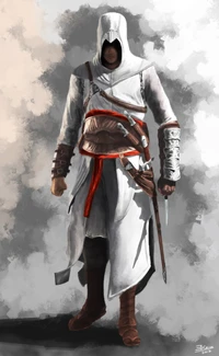 Ezio Auditore dans la tenue emblématique d'assassin avec des armes blanches