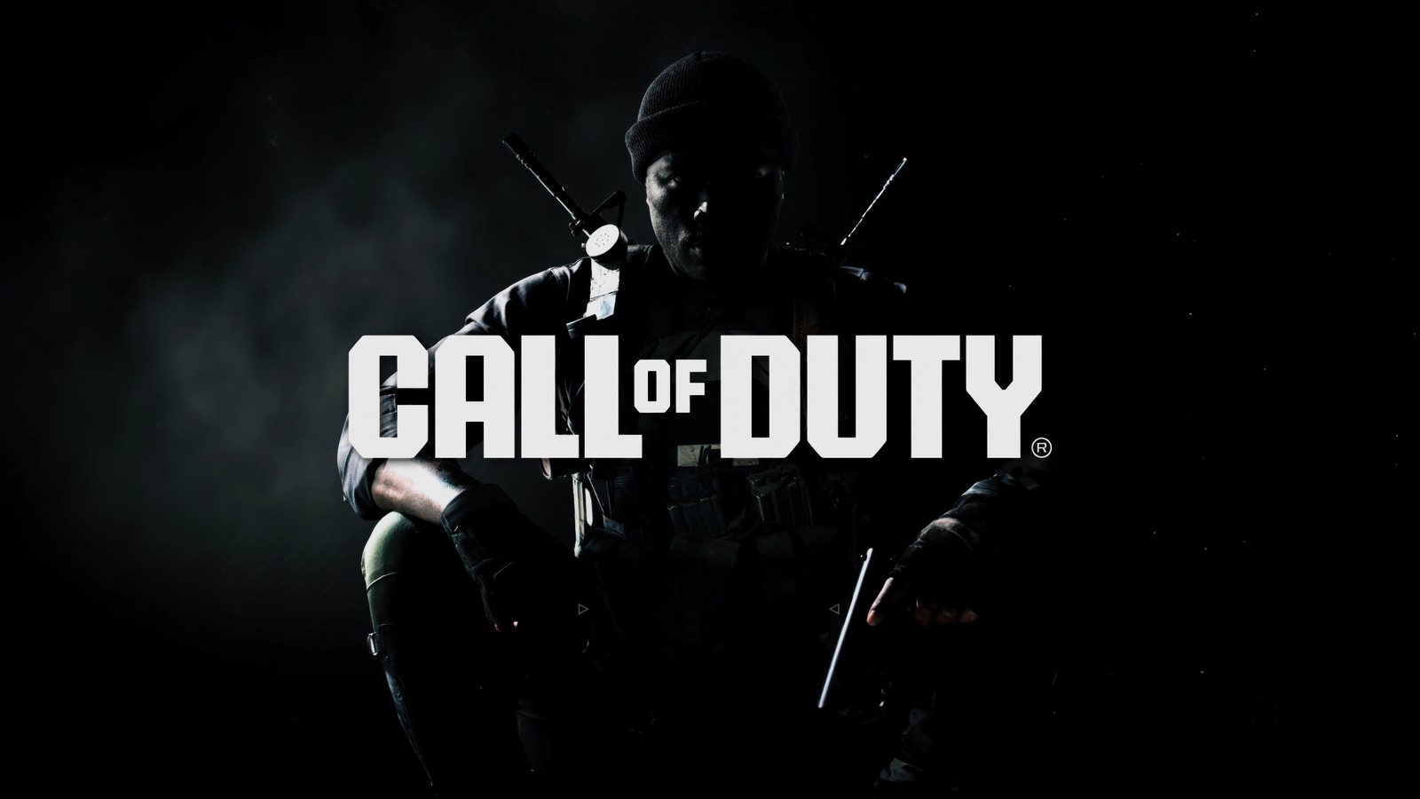 Logo de call of duty con un hombre en un traje negro (call of duty black ops 6, 5k, fondo oscuro, juegos 2024, oscuro negro)