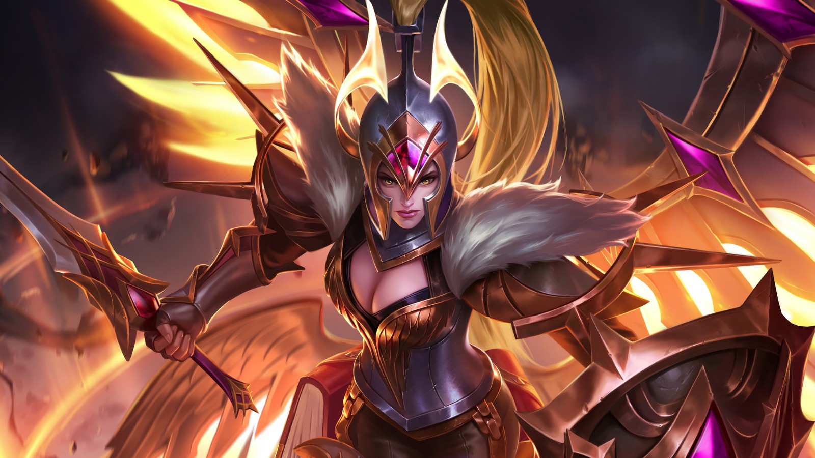 Una mujer con armadura sosteniendo una espada y una espada (freya, mobile legends, videojuego)