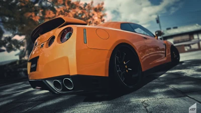 Nissan GT-R en naranja vibrante con llantas elegantes y un ángulo dinámico.