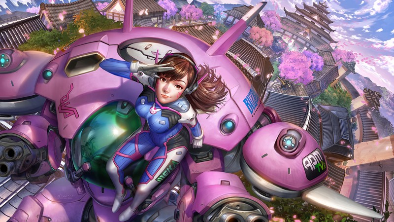 Женщина в пурпурном костюме, сидящая на гигантском роботе (dva, overwatch, видеоигра)