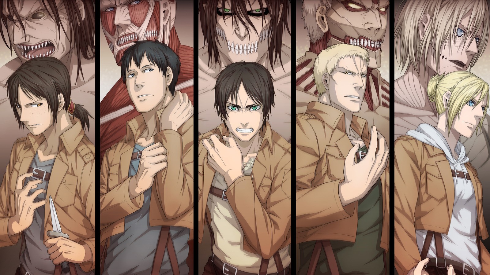 Eine gruppe von anime-charakteren mit unterschiedlichen ausdrücken und gesichtern (attack on titan, shingeki no kyojin, anime, ymir, jaw titan)