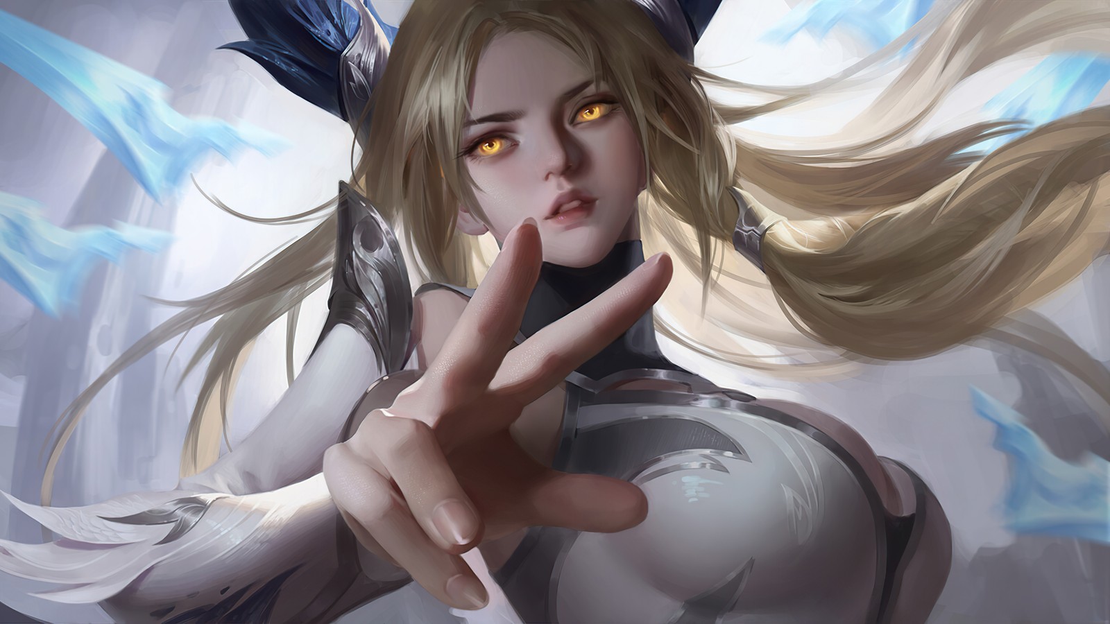 A woman with long blonde hair and yellow eyes is pointing at something (irelia, lol, league of legends, video game, girls)