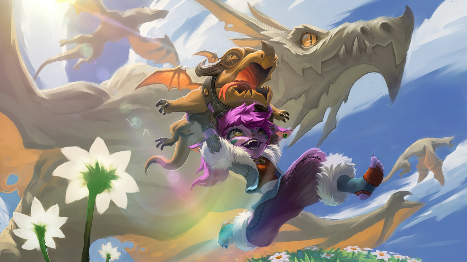 A close up of a cartoon character riding a dragon on a skateboard (tristana, dragon trainer, league of legends, lol, video game)