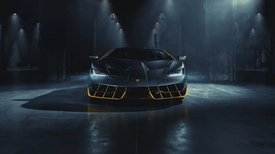 Lamborghini Centenario: Поразительный суперкар, представленный в драматичной, слабо освещенной обстановке, подчеркивающей его элегантный дизайн и агрессивную стойку.