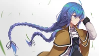 Roxy Migurdia de "Mushoku Tensei: Reencarnación sin trabajo" en una pose dinámica, mostrando su cabello azul característico y su atuendo distintivo.