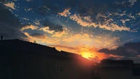 Anime Sunrise Over Rooftops: A Vivid Sky Filled with Clouds