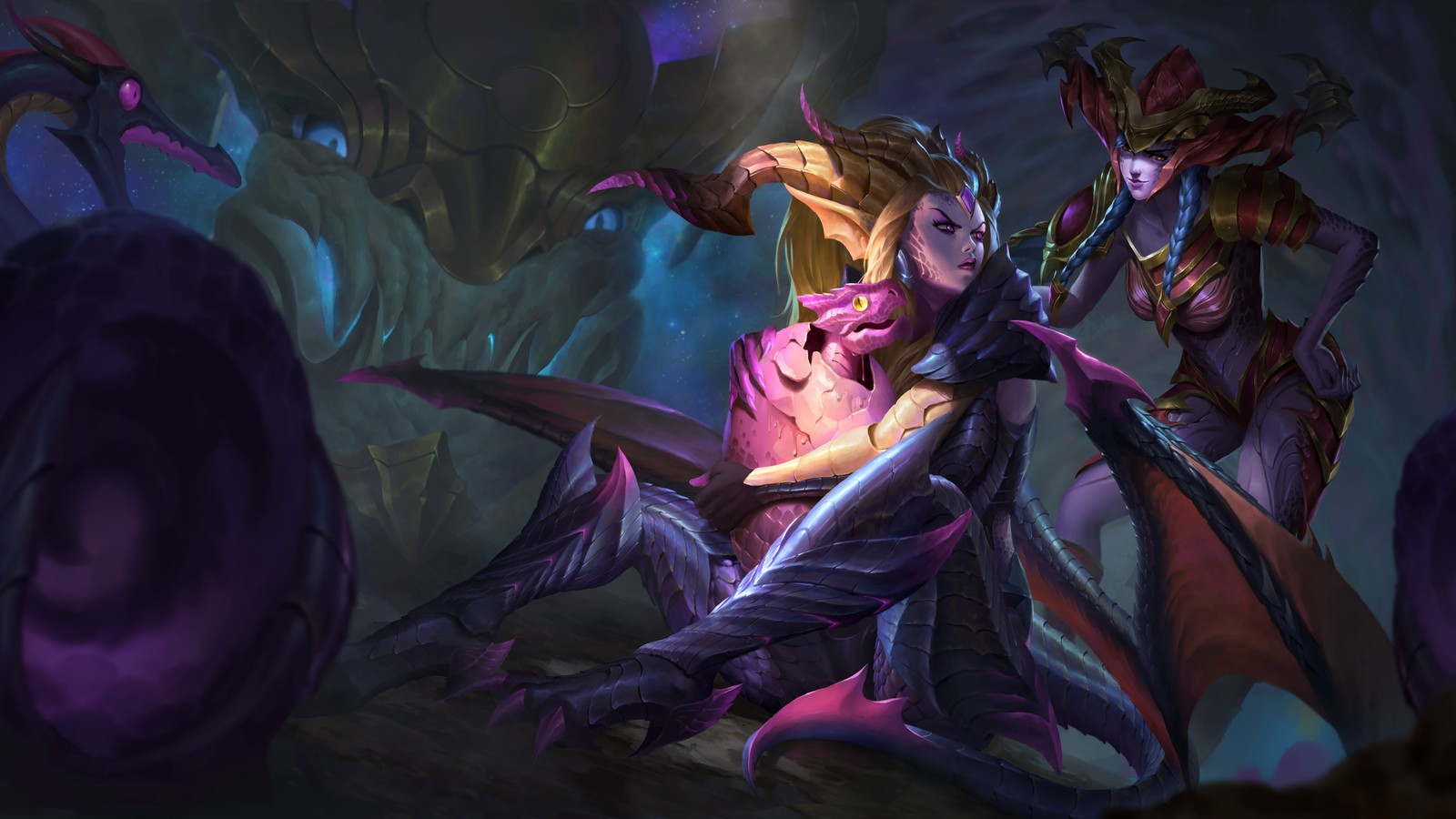 Un grupo de mujeres con armaduras de pie alrededor de un monstruo gigante (zyra, shyvana, league of legends, lol, videojuego)