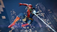 Figurine Spider-Man en pose dynamique contre un horizon urbain