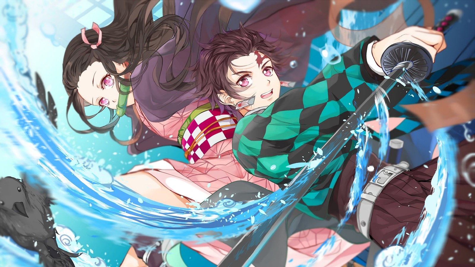 tanjiro kamado, nezuko kamado, katana, kimetsu no yaiba, anime wallpaper