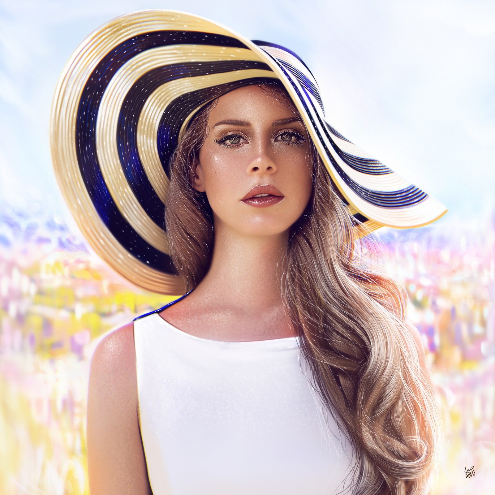 Une femme avec de longs cheveux portant un grand chapeau dans un champ (lana del rey, chanteur américain, portrait, fillette, musique)