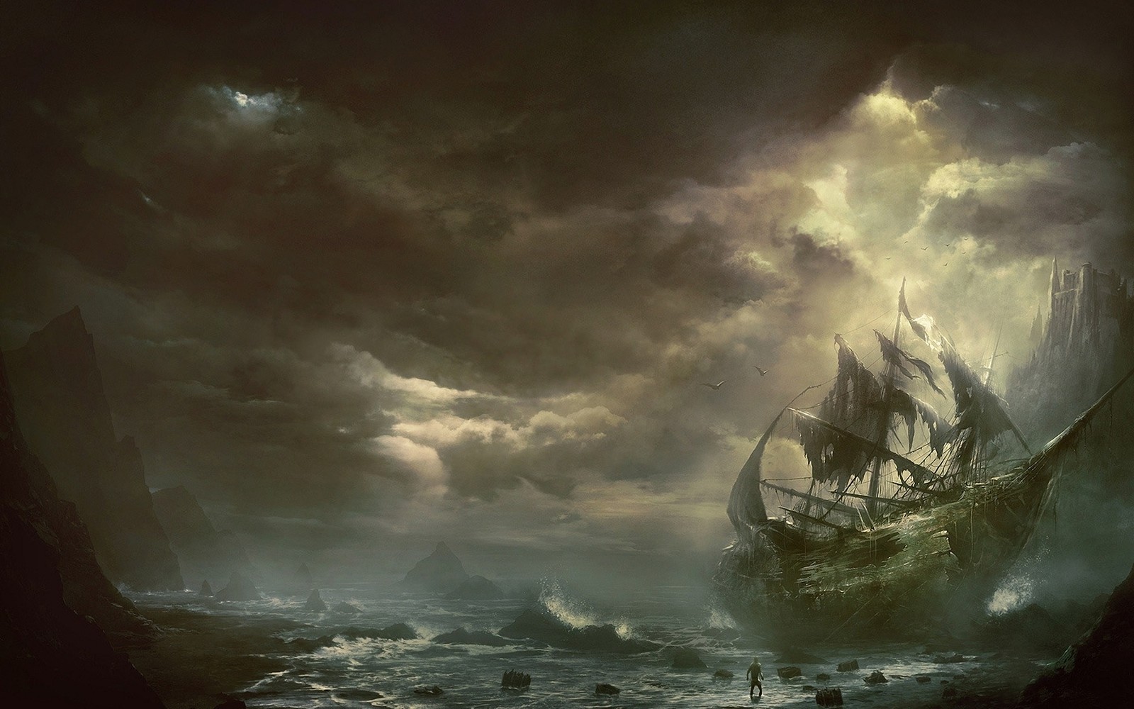 A painting of a ship in the middle of a stormy ocean (ship, ghost ship, cloud, storm, ocean)