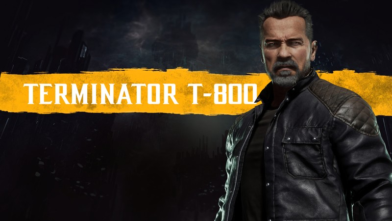 Мужчина в кожаной куртке стоит перед желтым баннером (terminator t800, терминатор, terminator, mortal kombat 11, mk11)