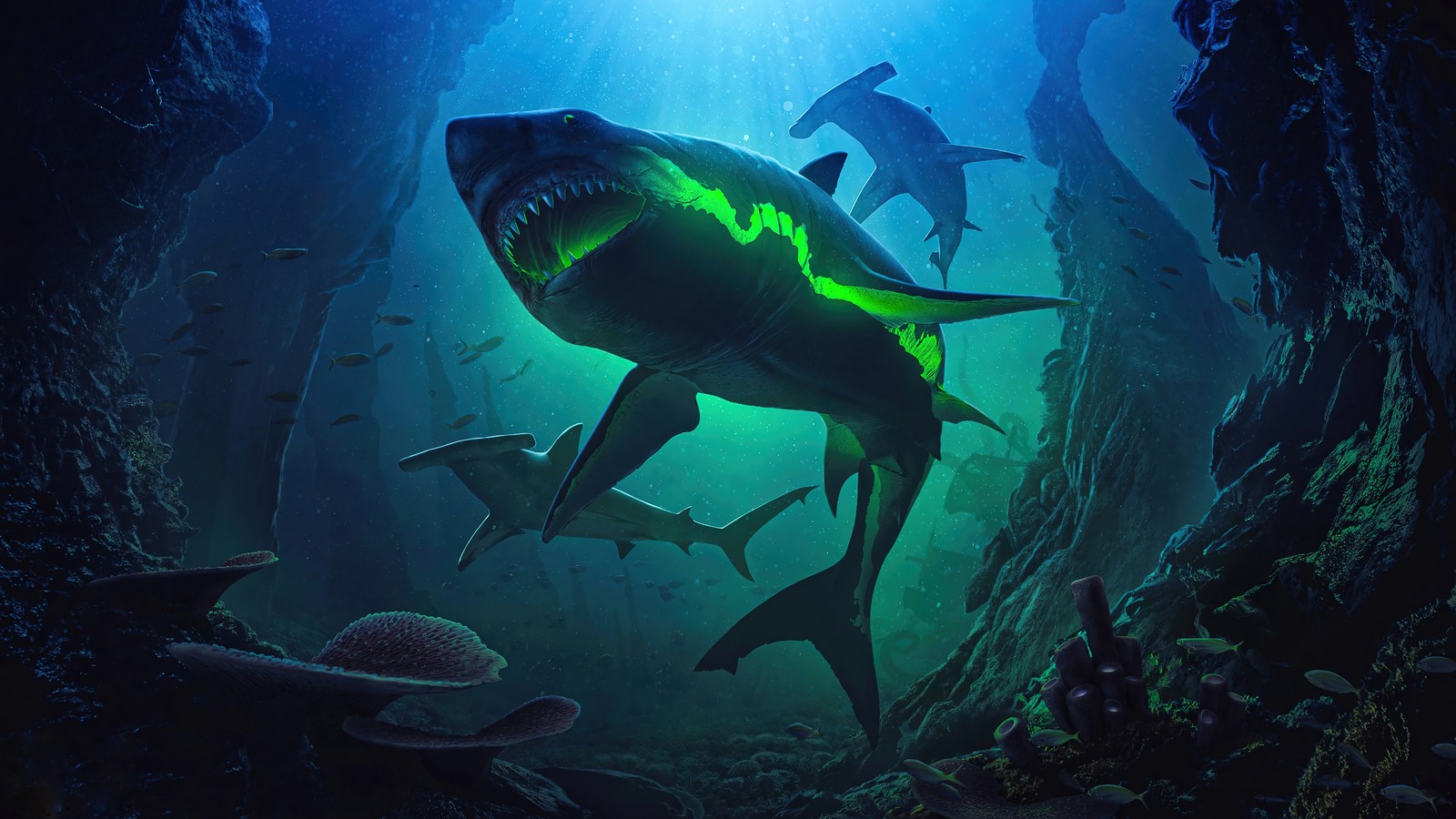 shark, ocean, depth, digital art wallpaper