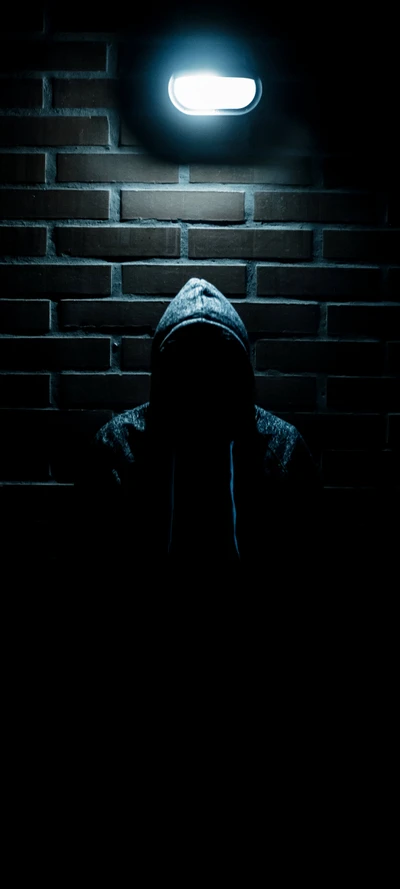 Silhouette of a Figure Under Dim Light Against a Brick Wall