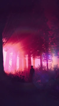 Surreal Landscape of a Figure Amidst Luminous Trees and Vibrant Hues