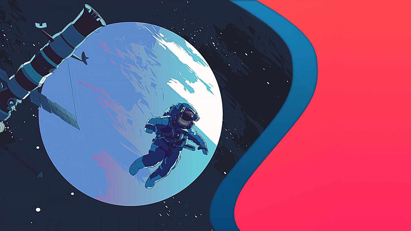 Illustration of a man in a space suit floating in front of a planet (astronaut, space, moon, digital art)