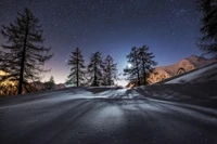 Nuit d'hiver étoilée sur un paysage enneigé