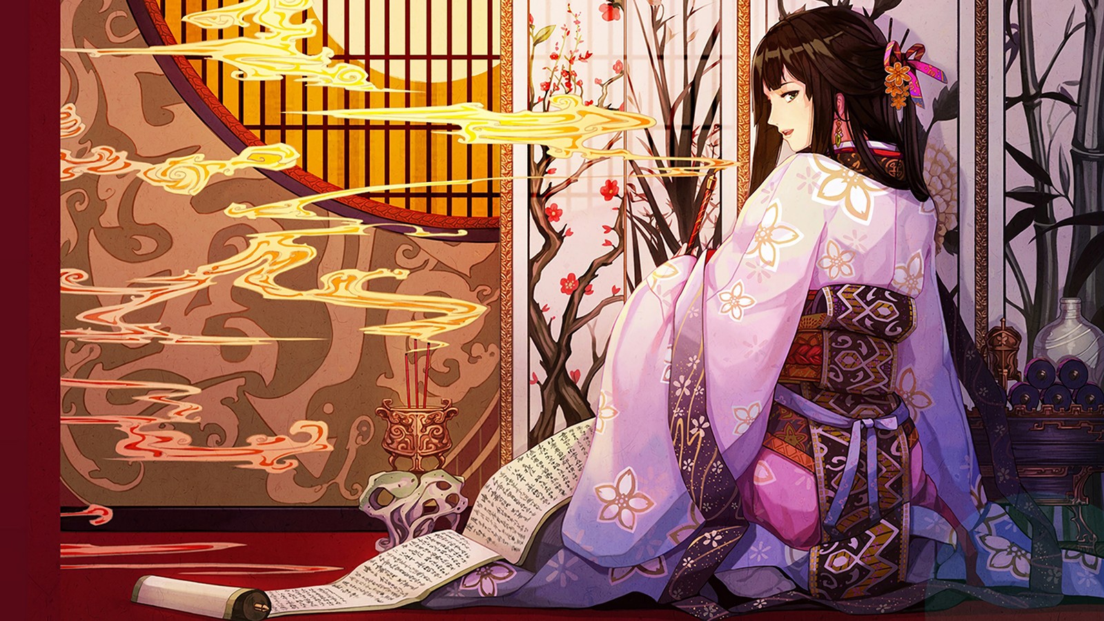 Lade anime, mädchen, kimono, rauchen Hintergrund herunter