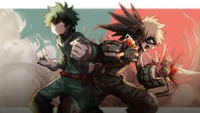 Izuku Midoriya and Katsuki Bakugo in a dynamic confrontation, showcasing their contrasting personalities and abilities from "My Hero Academia.