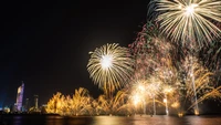 Fogos de artifício espetaculares de Réveillon iluminam o céu noturno