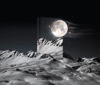 lune, nuit froide, montagnes enneigées, magique, surréaliste