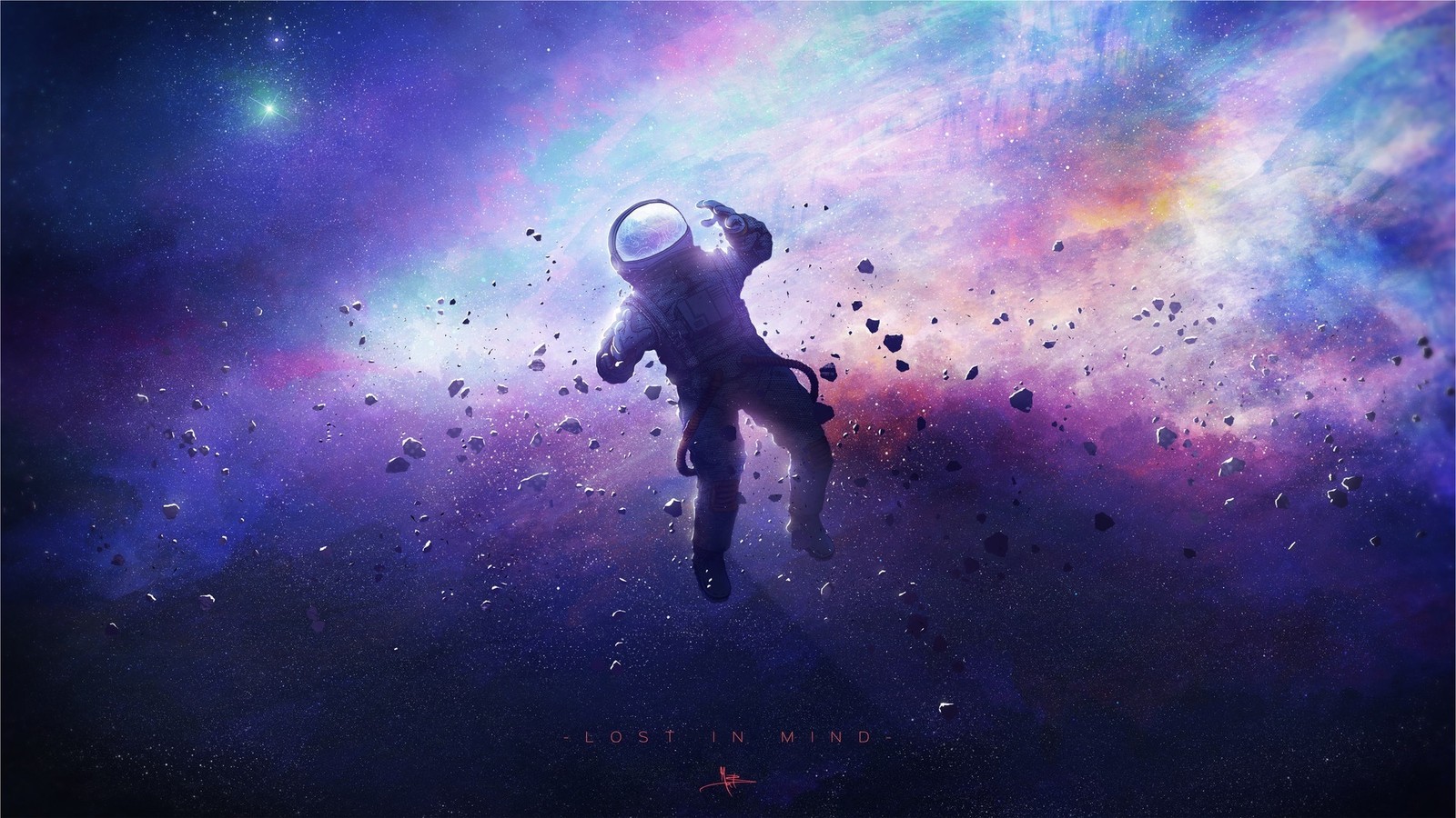 A man in a space suit floating through the air (purple, atmosphere, colorfulness, space, astronomical object)