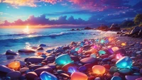 Colorful Pebbles at Sunrise on a Serene Beach