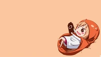 Chibi character in an orange outfit relaxing with a snack, surrounded by a warm, minimalist background.