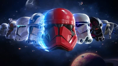 Exhibición épica de cascos de stormtrooper de Star Wars Battlefront II