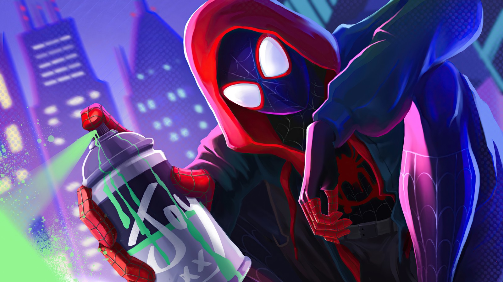 Spider-man avec une bombe de peinture dans la main (spider man, miles morales, spider man new generation, spider man into the spider verse, film)