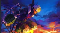 Dramatic Anime Illustration of a Heroic Demon Character Against a Vivid Sky