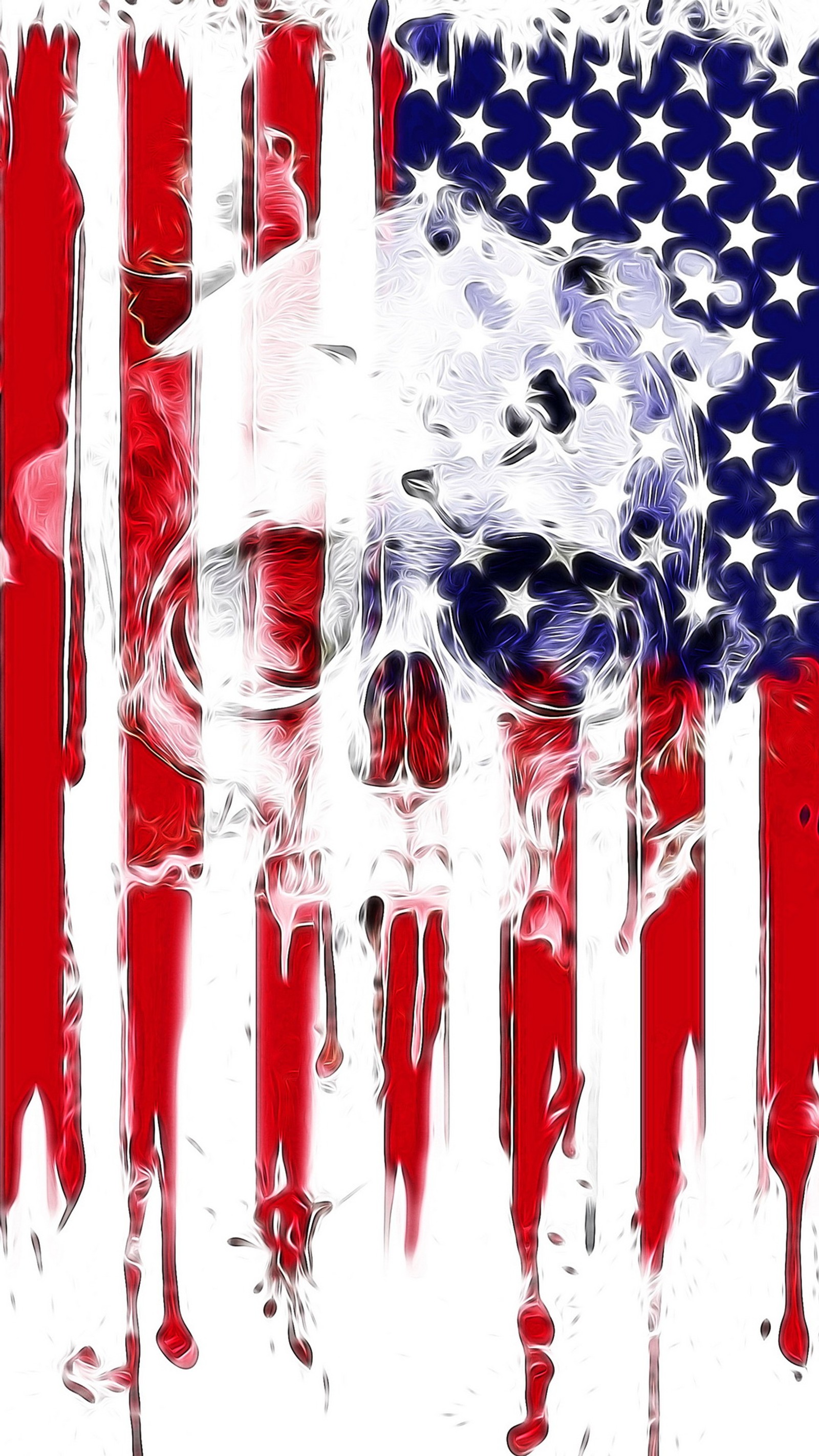 Painting of a skull and a flag with blood dripping down it (abstract, art, blue, flag, paint)