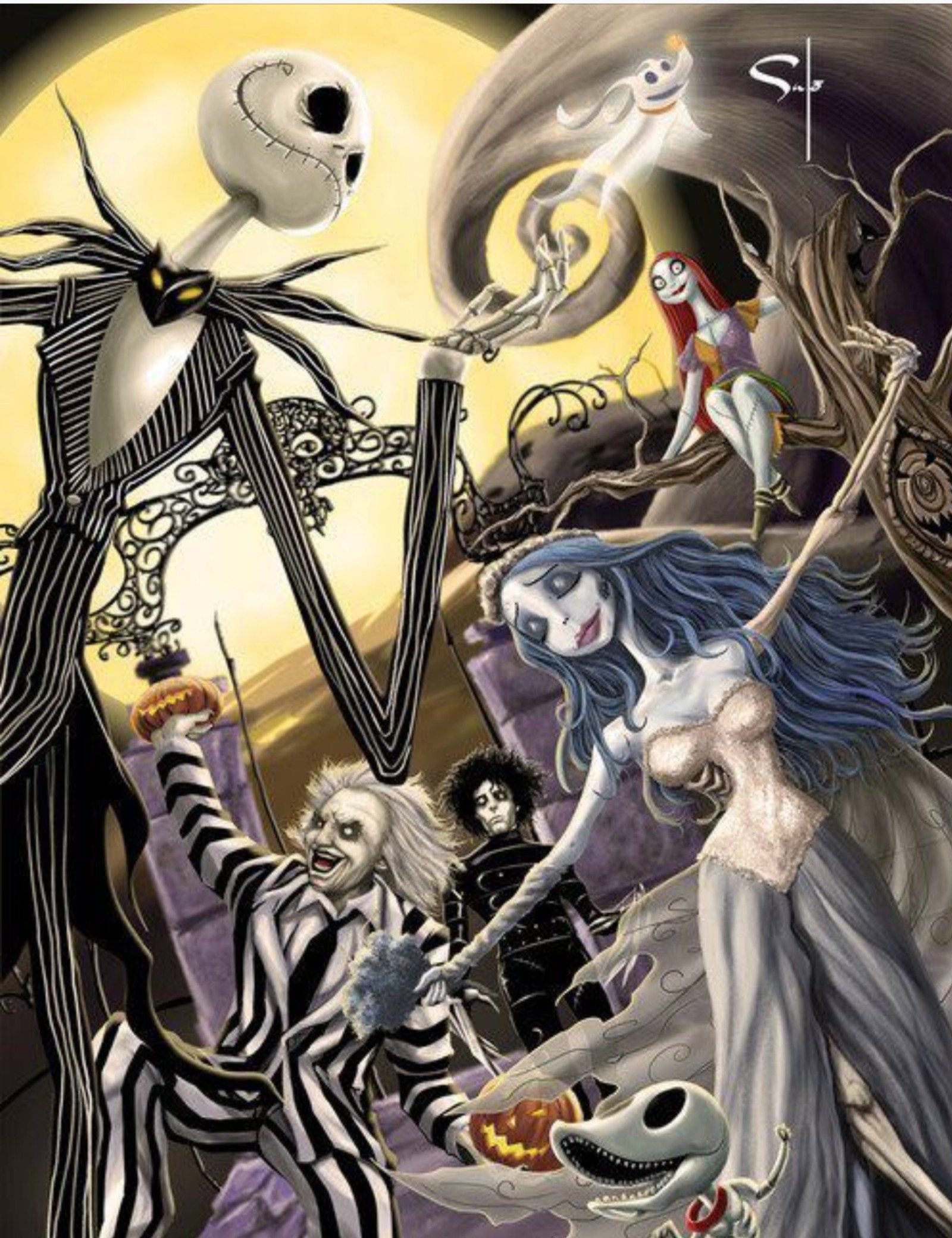 Uma pintura de um par de pessoas com um esqueleto e um esqueleto (halloween, jack skellington)