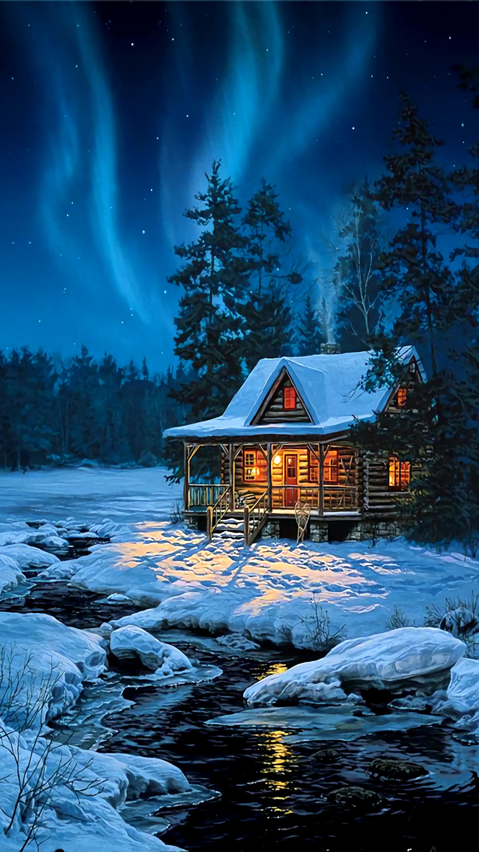 Peinture d'une cabane dans les bois avec une rivière et des lumières d'aurore (maison, hiver)