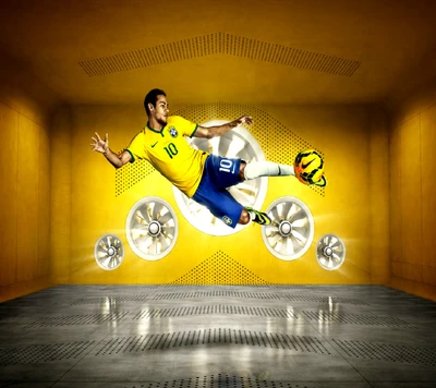 Neymar em ação no ar, mostrando agilidade em um cenário amarelo vibrante.