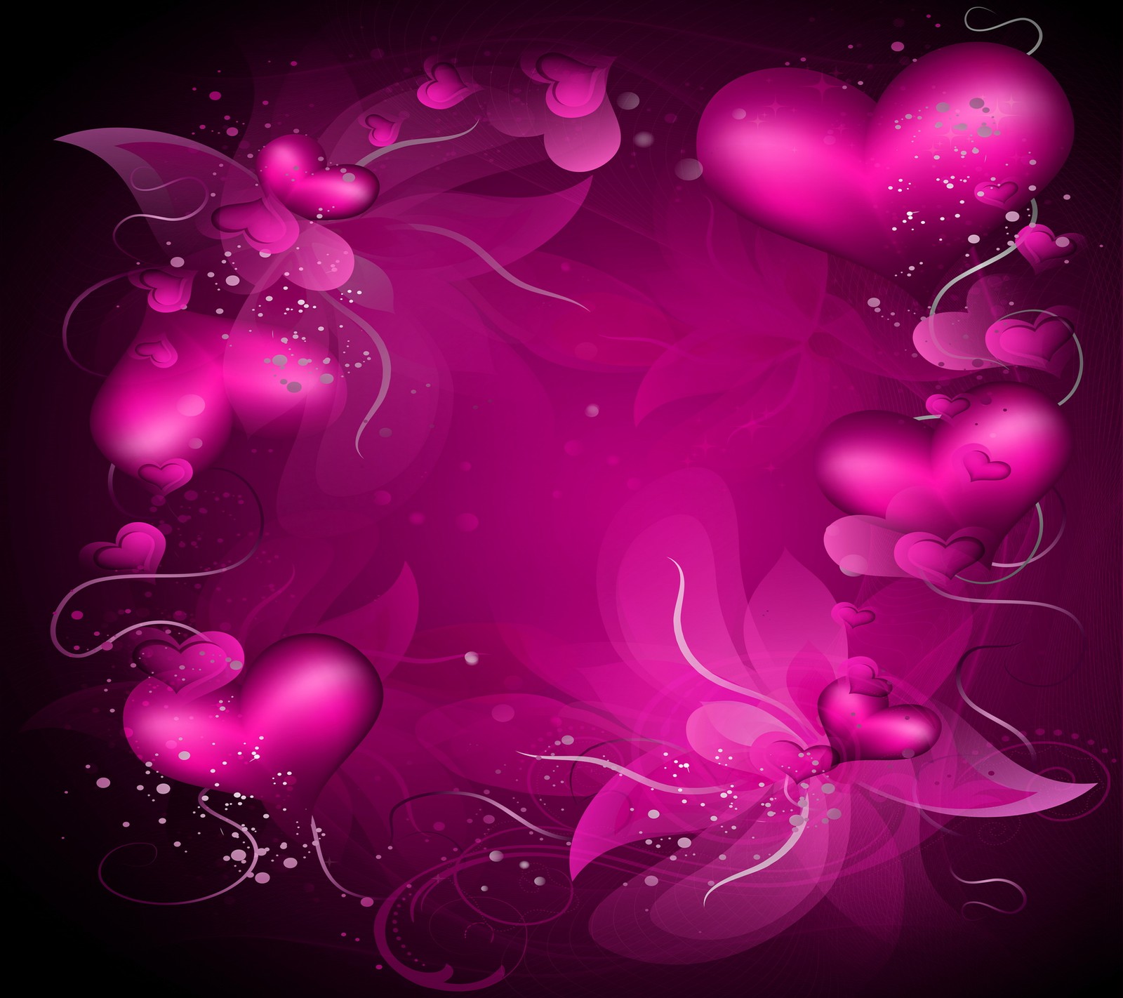 A purple background with hearts and swirls on a dark background (heart, love, romantic, valentine)