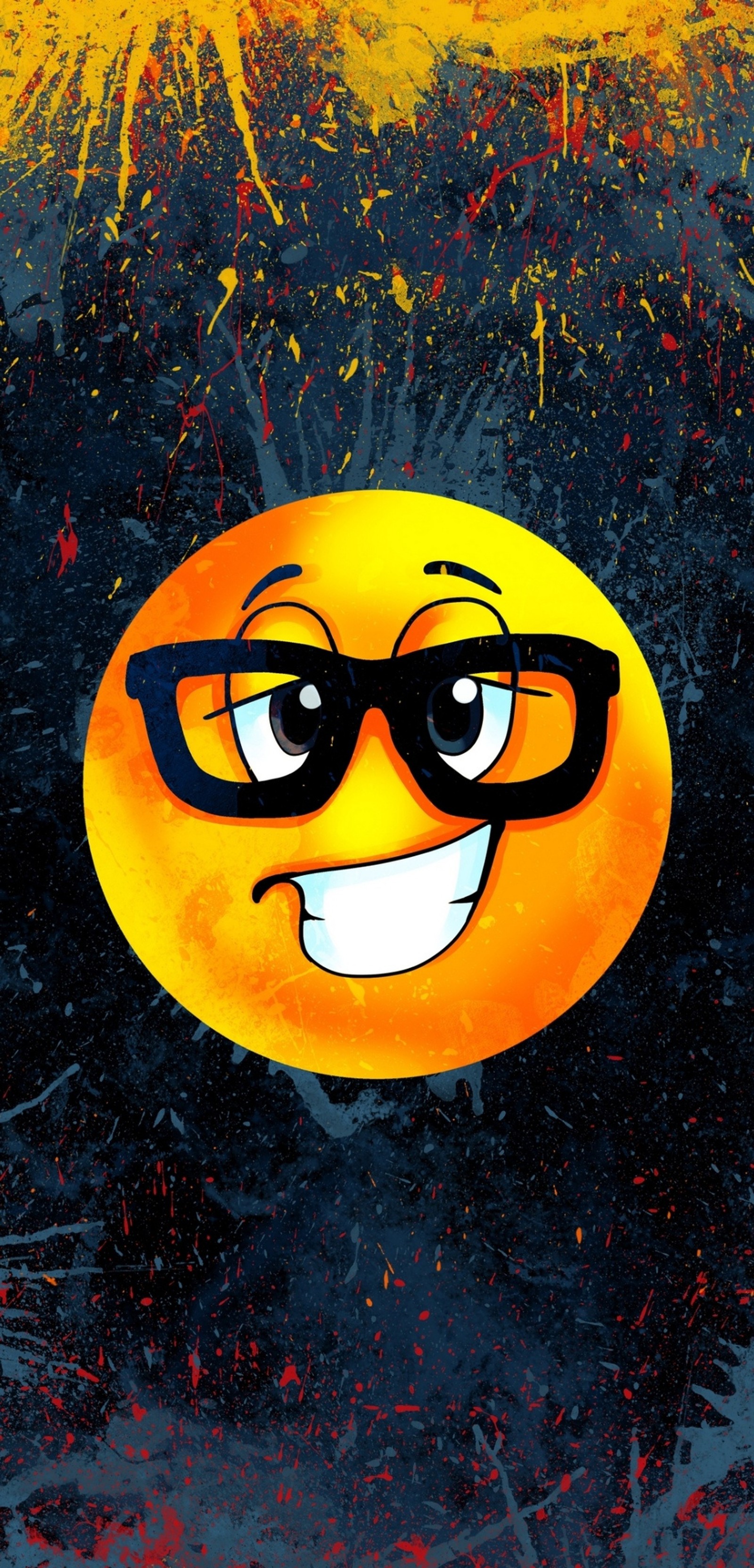 Ein gelbes smiley-gesicht mit brille auf schwarzem hintergrund (emoticon)