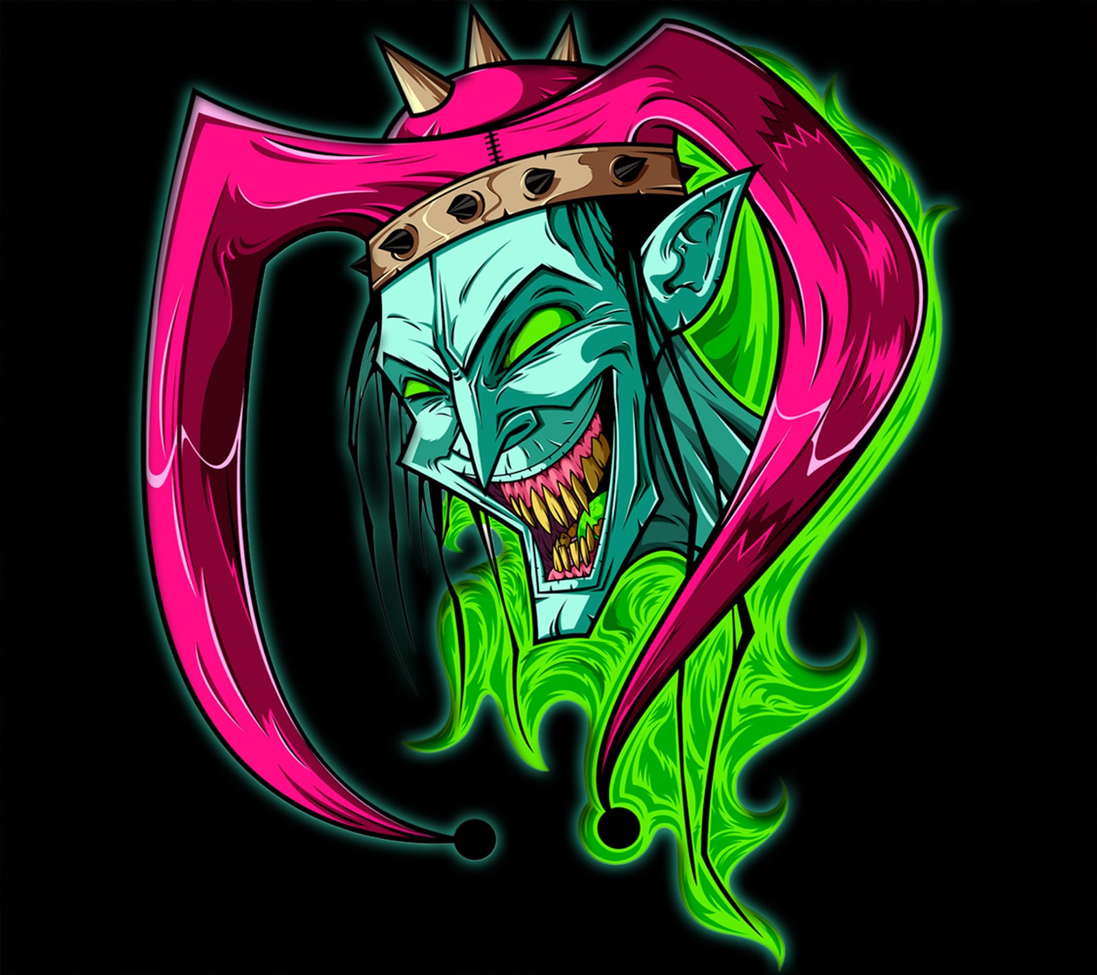 A cartoon image of a creepy looking demon with a crown on his head (arlequin, black, clown, green, pin)