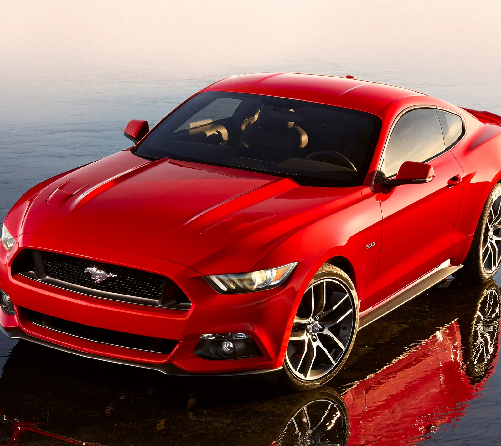 A close up of a red mustang parked in the water (auto, ford, mustang, sports car)